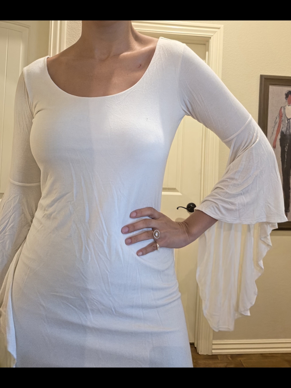 White Scoop Neck Bell Sleeve Dress